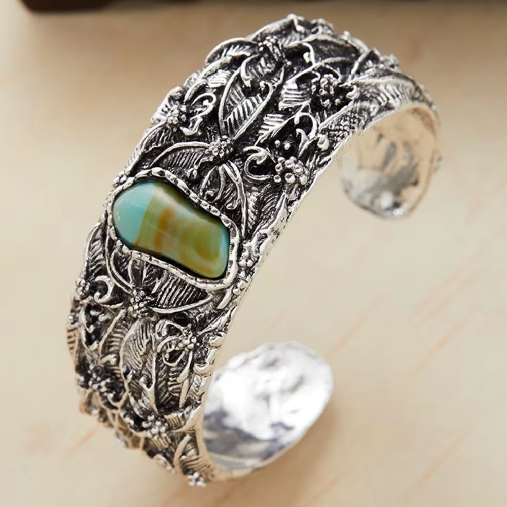 Western Bohemian Intricate Silver-Tone Cuff Bracelet with Turquoise Cowgirl